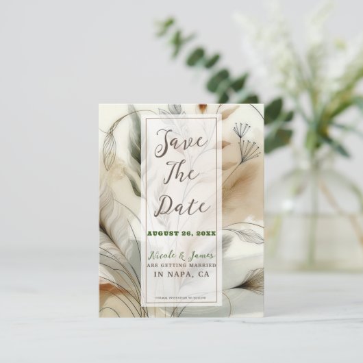 Wispy Green Modern Botanical Boho Save the Date Kaart (Staand voorkant)