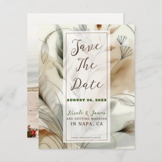 Wispy Green Modern Botanical Boho Save the Date Kaart (Voorkant / Achterkant)