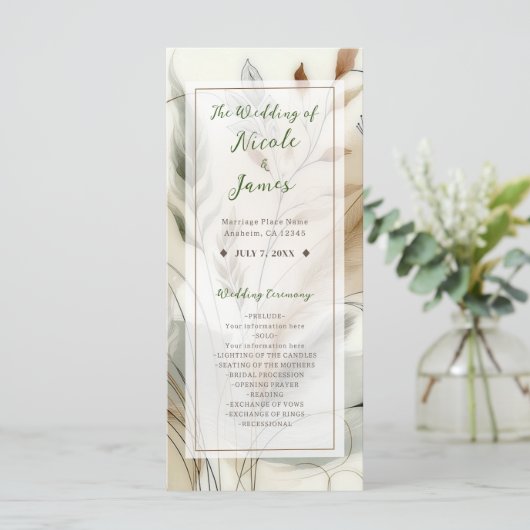 Wispy groen moderne botanische boho bruiloft programmakaart (Staand voorkant)