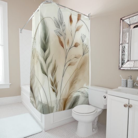 Wispy Groen Moderne Botanische Boho Douchegordijn (In situ)