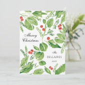 Wispy Holly Green en Rode Waterverf Foto Feestdagenkaart (Staand voorkant)