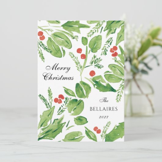 Wispy Holly Green en Rode Waterverf Foto Feestdagenkaart (Staand voorkant)