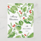 Wispy Holly Green en Rode Waterverf Kerst Feestdagenkaart (Voorkant)