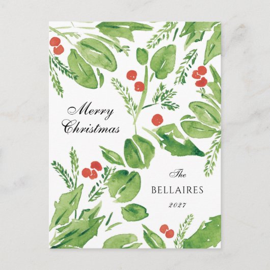 Wispy Holly Green en Rode Waterverf Kerst Feestdagenkaart (Voorkant)