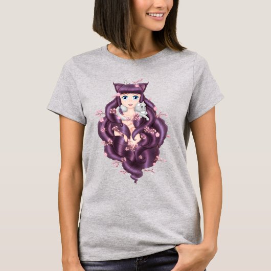 Wispy Paars Haire Neko Anime Girl T-shirt (Voorkant)