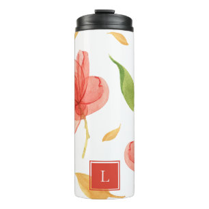 Wispy Red Floral Monogram Thermal Tumbler Thermosbeker