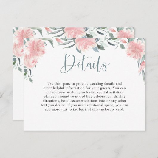 Wispy roze Waterverf bloemenbruiloft Details Briefkaart (Voorkant / Achterkant)