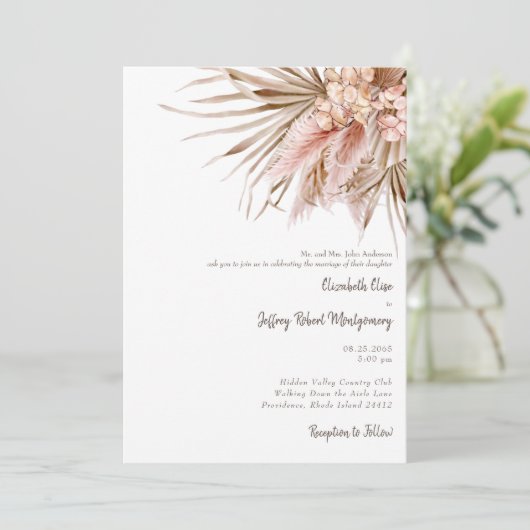 Wispy roze Waterverf Pampas Weddenschap Kaart (Staand voorkant)