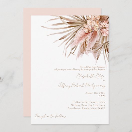 Wispy Waterverf Pampas Blush Bruiloft Kaart (Voorkant / Achterkant)