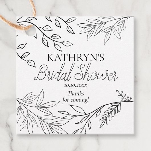 Wispy Zwarte Bloemen Outlines op Kraft Vrijgezelle Bedankjes Labels (Voorkant)