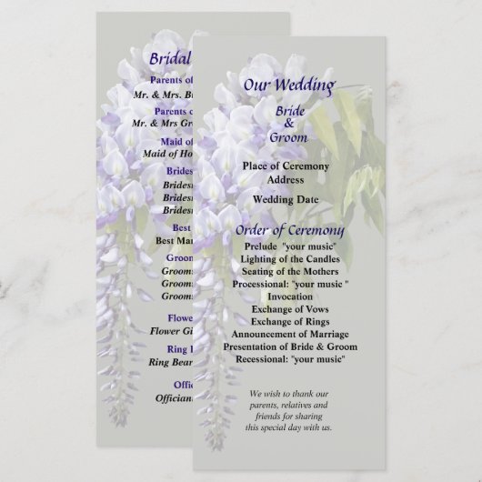 Wisteria and Leaves Wedding Programme Programmakaart (Voorkant / Achterkant)
