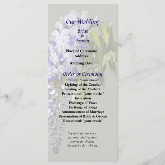 Wisteria and Leaves Wedding Programme Programmakaart (Voorkant)