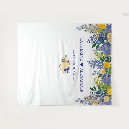 Wisteria Blue & Yellow Floral Wedding Backdruppels Wandkleed (Voorkant (horizontaal))