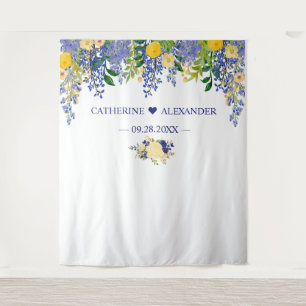 Wisteria Blue & Yellow Floral Wedding Backdruppels Wandkleed