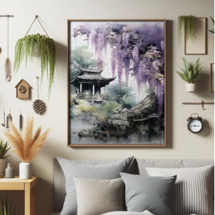 Wisteria Boom en Aziatische Tempel Foto Afdruk