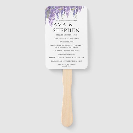 Wisteria boom paarse minimale bruiloft programma handwaaier (Voorkant)