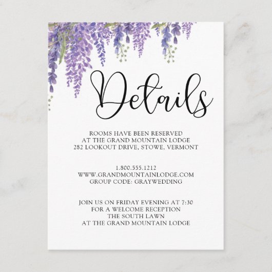 Wisteria boom pastel bruiloft details informatiekaartje (Voorkant)