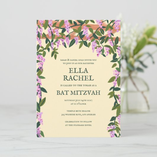 Wisteria Custom B'nai Bat Bar Mitzvah QR Code Kaart (Staand voorkant)