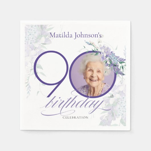 Wisteria Custom Photo Floral Purple 90th Birthday Servet (Voorkant)