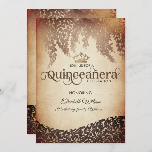  wisteria damast gouden tiara Quinceañera Kaart (Voorkant / Achterkant)