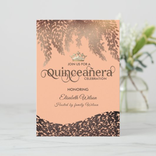  wisteria damast gouden tiara Quinceañera Kaart (Staand voorkant)