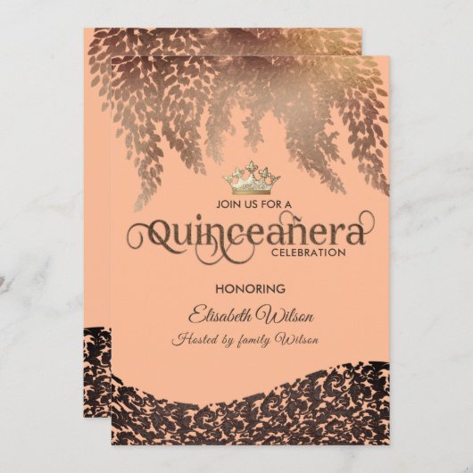  wisteria damast gouden tiara Quinceañera Kaart (Voorkant / Achterkant)