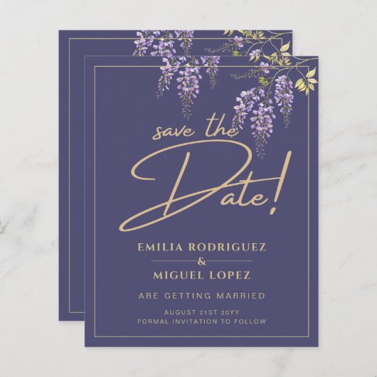 Wisteria Dusty Paarse Gold Wedding Save the Date (Voorkant / Achterkant)