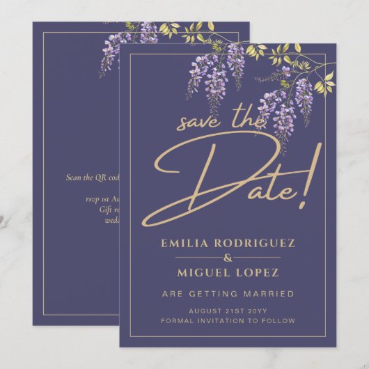 Wisteria Dusty Paarse Gold Wedding Save the Date Kaart (Voorkant / Achterkant)