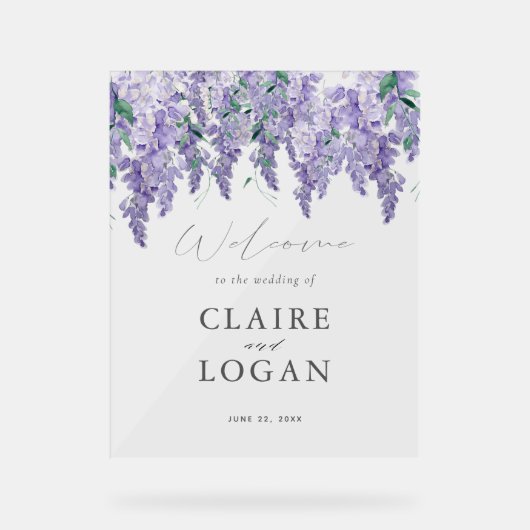 Wisteria Dusty Paarse Waterverf Weddenschap Welkom Acryl Bord (Voorkant)