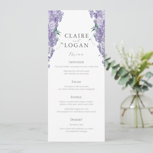 Wisteria Dusty Paarse Waterverf Wedding Menu (Staand voorkant)
