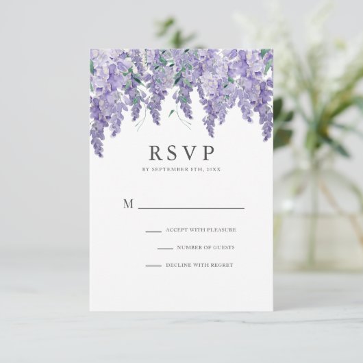 Wisteria Dusty Paarse Waterverf Wedding RSVP-kaart RSVP Kaartje (Staand voorkant)
