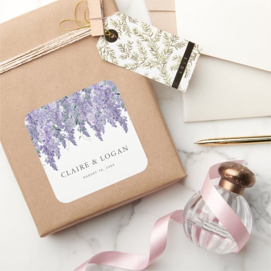 Wisteria Dusty Paarse Waterverf Wedding Vierkante Sticker (Geschenken)