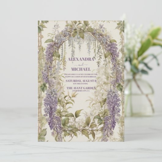  Wisteria Floral Art Nouveau bruiloft Kaart (Staand voorkant)