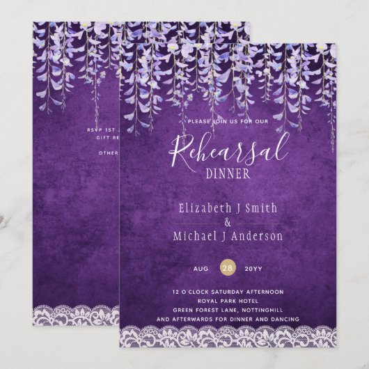 Wisteria Floral Lace REHEARSAL DINNER INVITE Kaart (Voorkant / Achterkant)