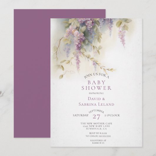 Wisteria Floral Waterverf Couple's Baby shower Kaart (Voorkant / Achterkant)