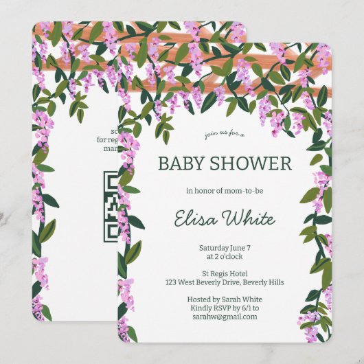 Wisteria Flowers Vines CUSTOM QR Code Baby shower Kaart (Voorkant / Achterkant)