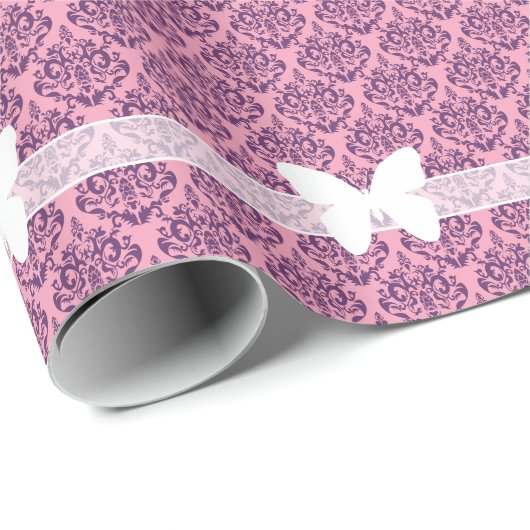 Wisteria Frosted Orchid Damask met Butterfly Cadeaupapier (Rol Hoek)