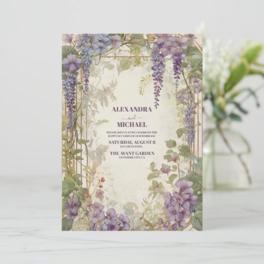 Wisteria Garden Romantic Paars Wedding Kaart (Staand voorkant)