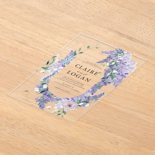 Wisteria Krans Dusty Paarse Waterverf bruiloft Acryl Uitnodigingen (Laagn)