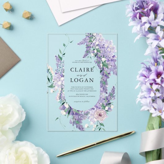 Wisteria Krans Dusty Paarse Waterverf bruiloft Acryl Uitnodigingen (Insitu (Huwelijk))