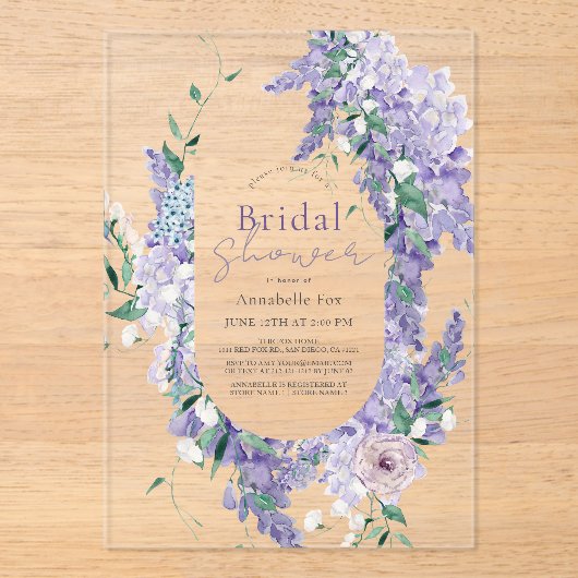 Wisteria krans Paarse Waterverf Vrijgezellenfeest Acryl Uitnodigingen (Voorkant)