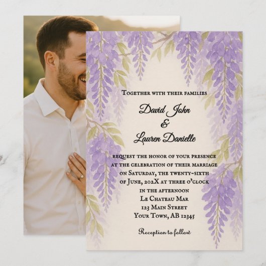 Wisteria Lane Photo Wedding Invitation Kaart (Voorkant / Achterkant)