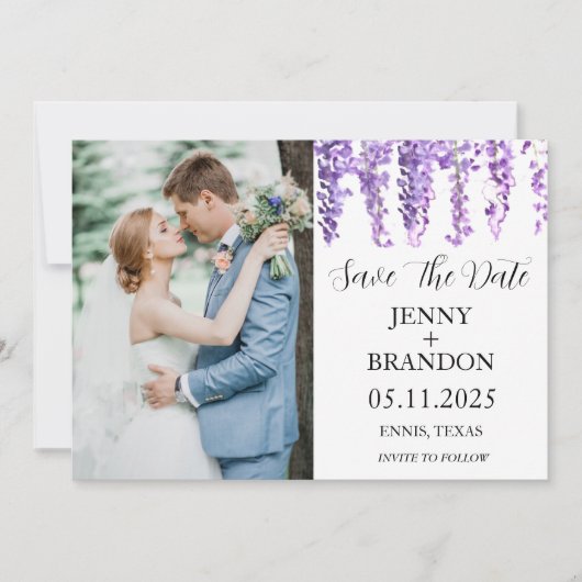 Wisteria Lavendel Paarse Bloemen Foto Elegant Save The Date (Voorkant)