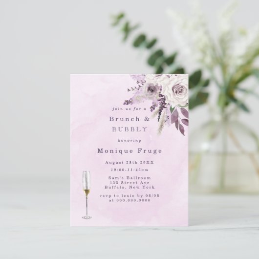 Wisteria Lavender Roos Brunch & Bubble Invites Kaart (Staand voorkant)