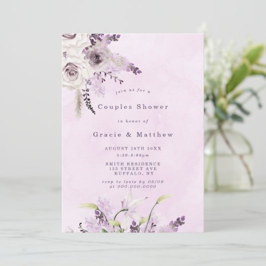 Wisteria Lavender White Rose Couples Shower Invite (Staand voorkant)