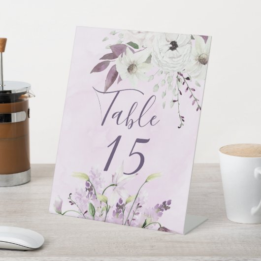 Wisteria Lavender White Roses Table Number Reclamebord Met Voetstuk (Insitu)
