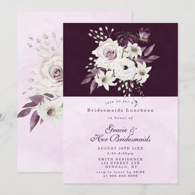 Wisteria Lila Roos Bridesmaids Luncheon Invite (Voorkant / Achterkant)