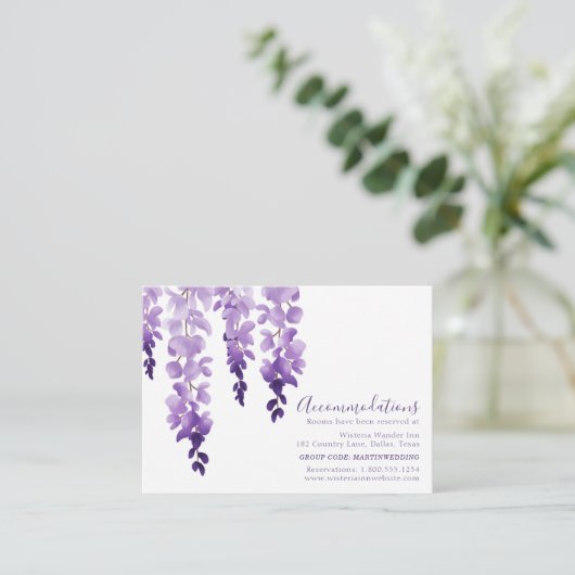 Wisteria Paars Floral Wedding Hotel Accommodatie Informatiekaartje (Staand voorkant)