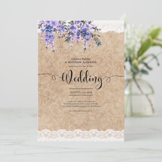 Wisteria Paarse Bloemen Bruiloft Rustieke Kant Loo Kaart (Staand voorkant)