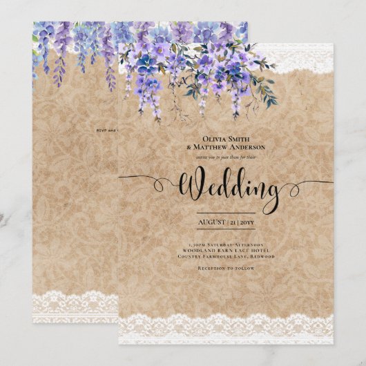 Wisteria Paarse Bloemen Bruiloft Rustieke Kant Loo Kaart (Voorkant / Achterkant)